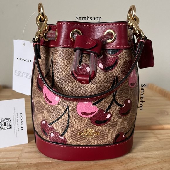 ✅Coach Mini Bucket Bag In Signature Cherry Print Set - Picture 13 of 16